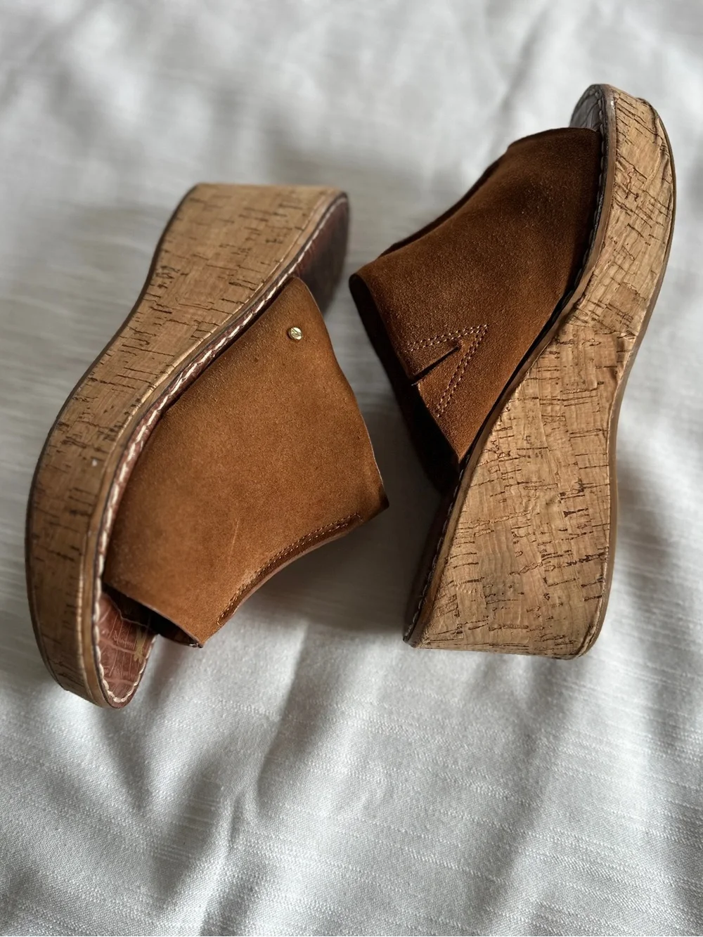 Sam Edelman Ranger Saddle Brown Suede Cork Platform Wedge Sandals | 8.5